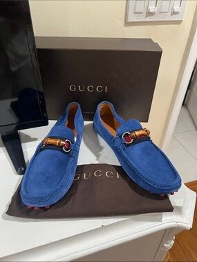 Gucci Blue Suede Bamboo Bit Driving Loafers size 9.5